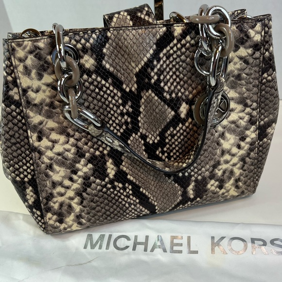 Michael Kors Steel Gray & Black Python Embossed Leather Small Cynthia Satchel - Picture 6 of 11